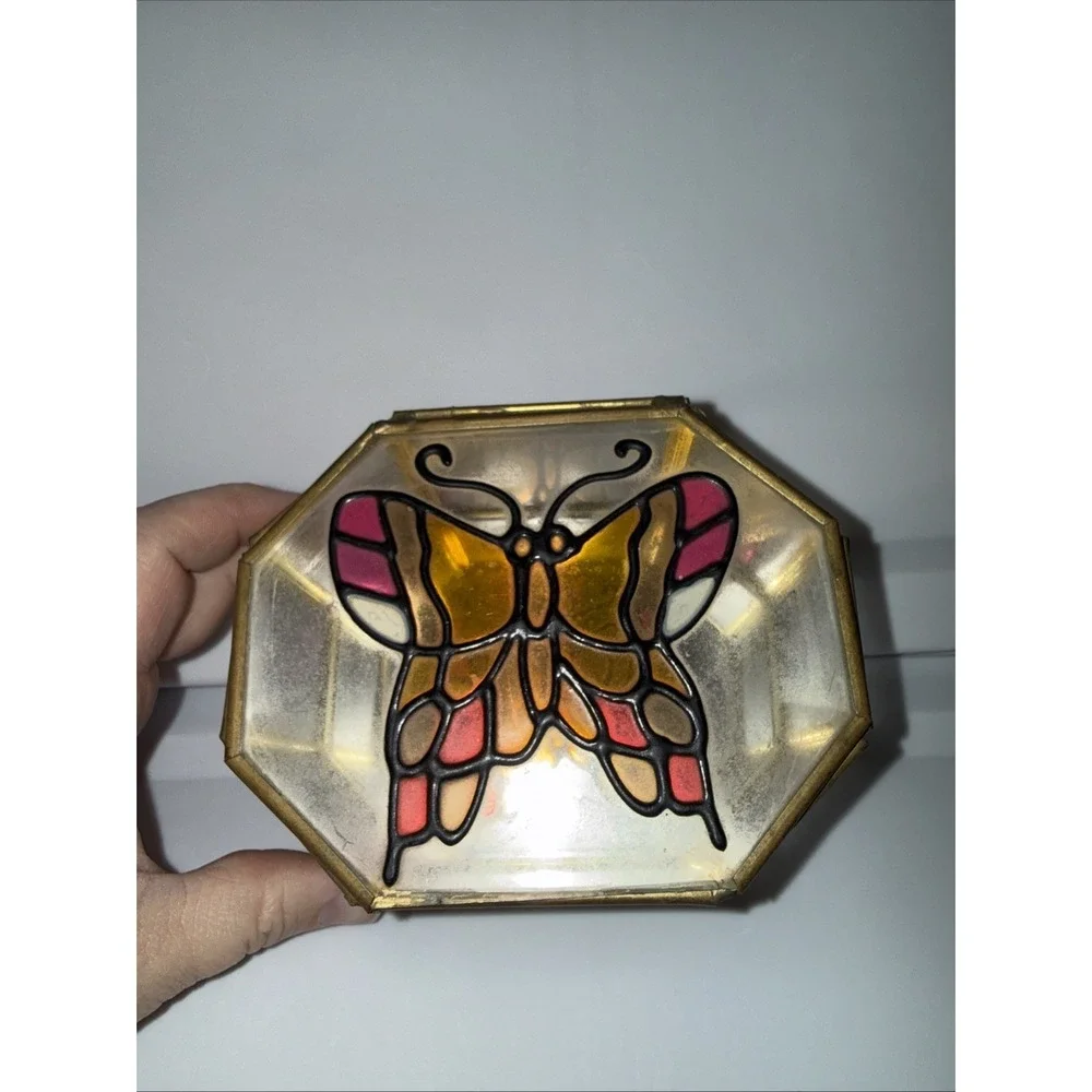 Vtg Walmart Glass & Brass Trinket Jewelry Box Mirror Bottom Painted Butterfly